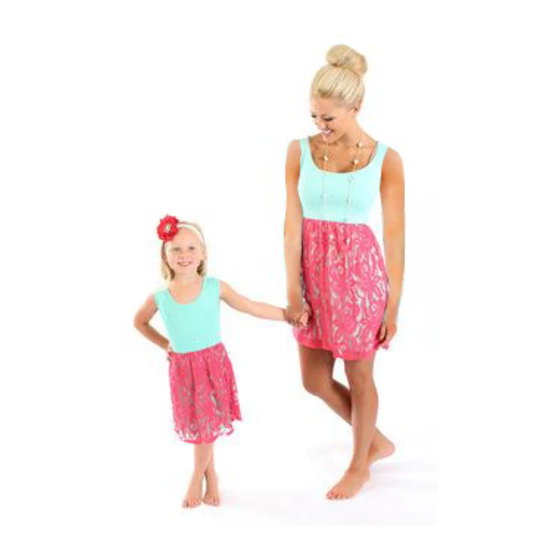 Одинаковая одежда для мамы и дочки летние кружевные платья без рукавов хлопковое однотонное Повседневное