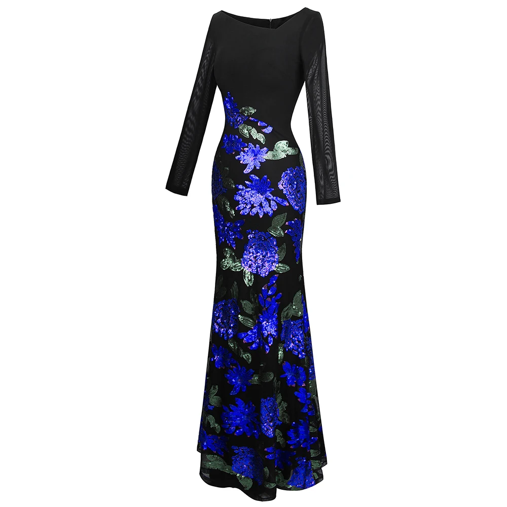 Angel-fashions Women's Long Sleeve Evening Dresses Elegant Formal Flowers Sequin Mermaid Party Gown 396 | Свадьбы и торжества