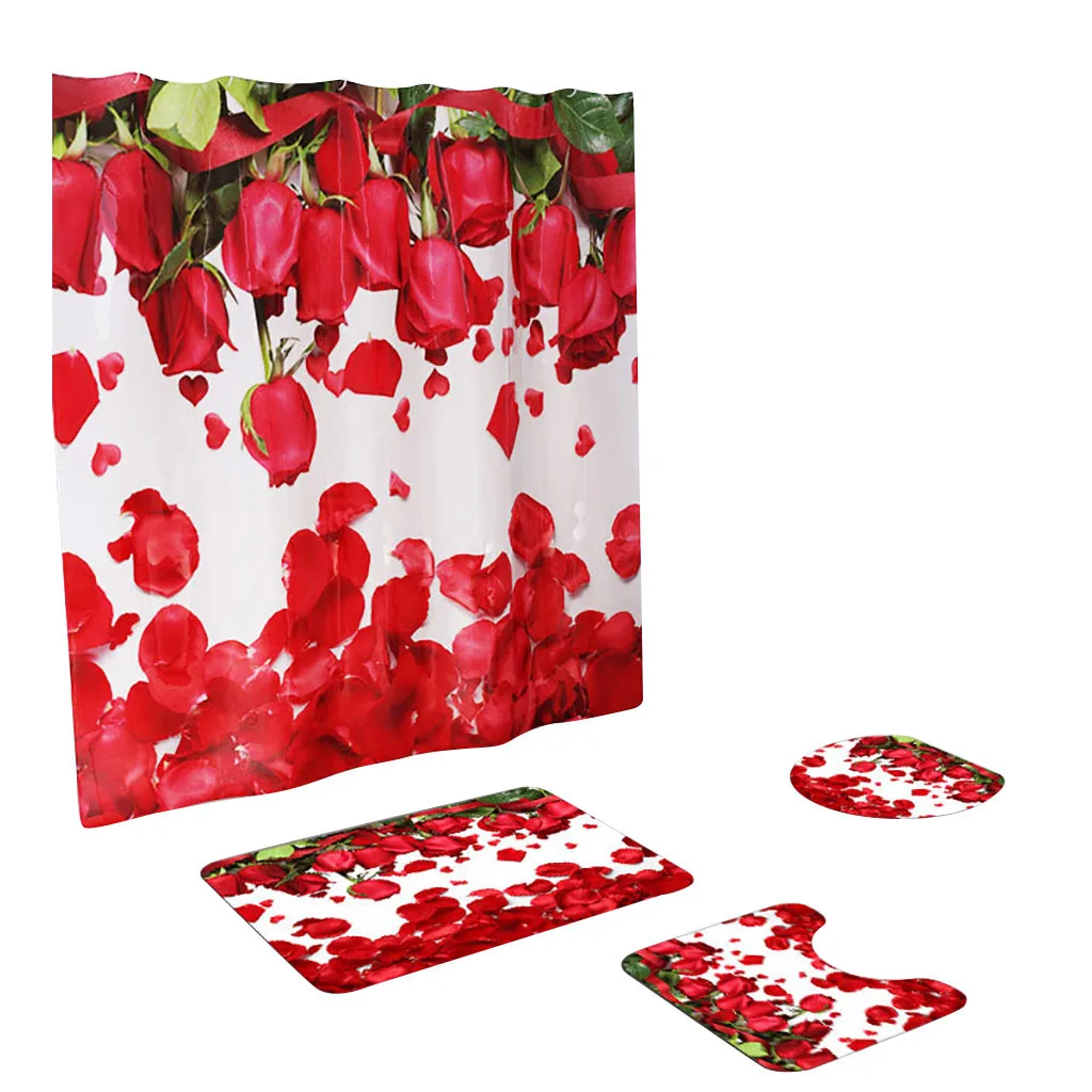 4 шт. Роза лепесток печати занавески для душа комплект коврик туалета аксессуары