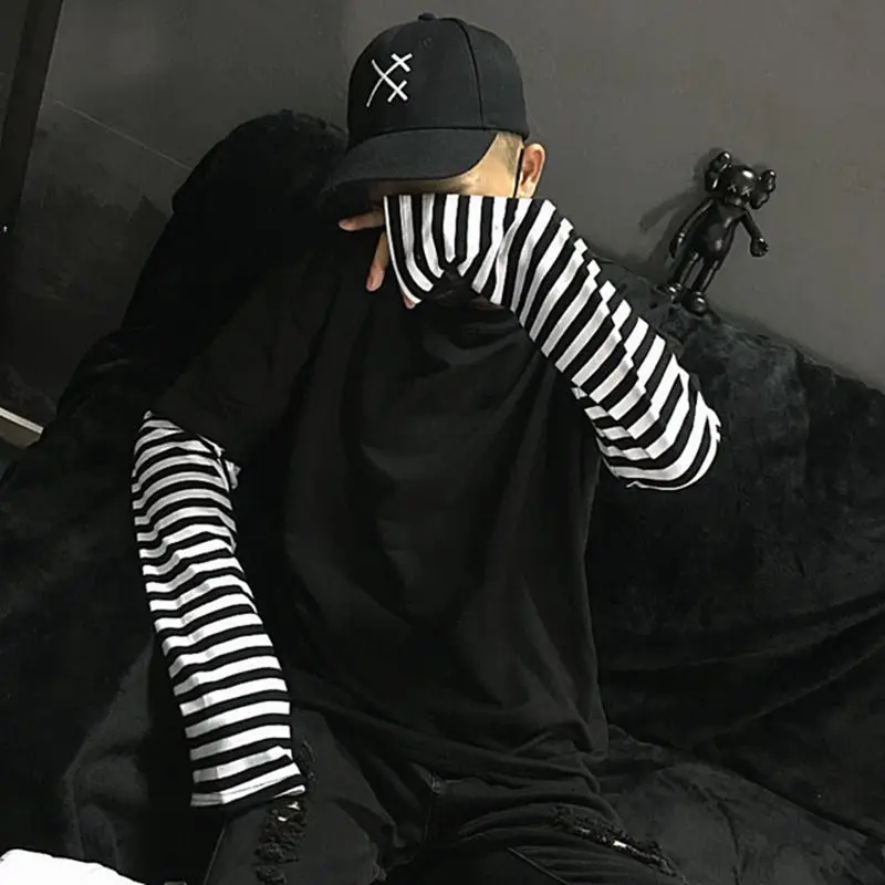 Camiseta Mujer, модная Корейская футболка Ulzzang Harajuku, полосатая длинная футболка с круглым вырезом, Лоскутные Топы, футболка, футболка для мужчин и женщин