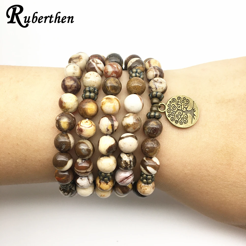 Ruberthen Модные женские ювелирные изделия целебные 108 Mala браслет для духовных практик австралийская Зебра Jaspers Йога браслет Дерево жизни Ювелирные изделия