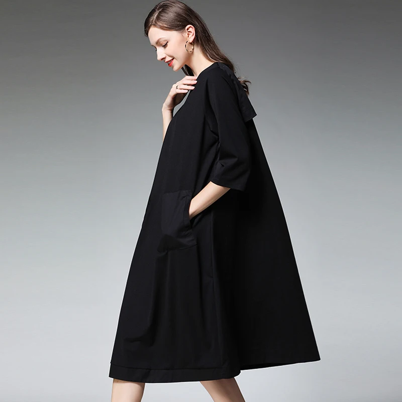 Женское свободное платье с большим карманом повседневное цельнокроеное