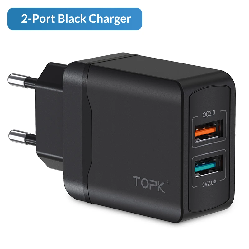 2 Port 3A Black TOPK 18 Вт Быстрая зарядка 3,0 быстрое USB зарядное устройство для iPhone, Samsung, Xiaomi, huawei, дорожное настенное зарядное устройство для мобильного телефона с европейской вилкой - Тип штекера: 2 Port 3A Black
