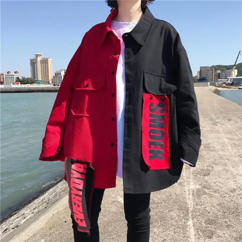 Harajuku бомбер Oversize Лоскутная джинсовая куртка бойфренд стрейч патч конструкции для женщин женская верхняя одежда школьница Бейсбол пальт - Цвет: red