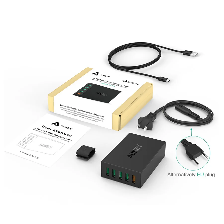 AUKEY 5-Порты и разъёмы USB Зарядное устройство Quick Charge 3.0 станция с Micro-USB кабель для