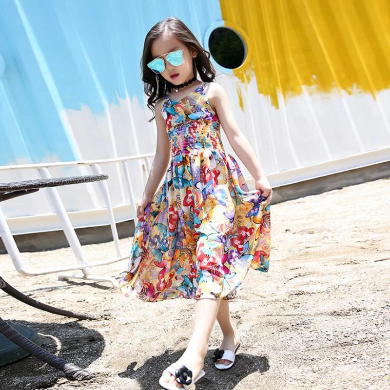 New Bohemian Style Children's Dresses Girl Summer Floral Wide Leg Pants Jumpsuit Girls Personality Dress Crianca Vestidos |