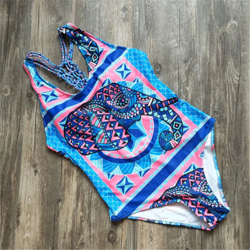 Boho сексуальное пляжное Синее Короткое Женское боди с открытой спиной и принтом