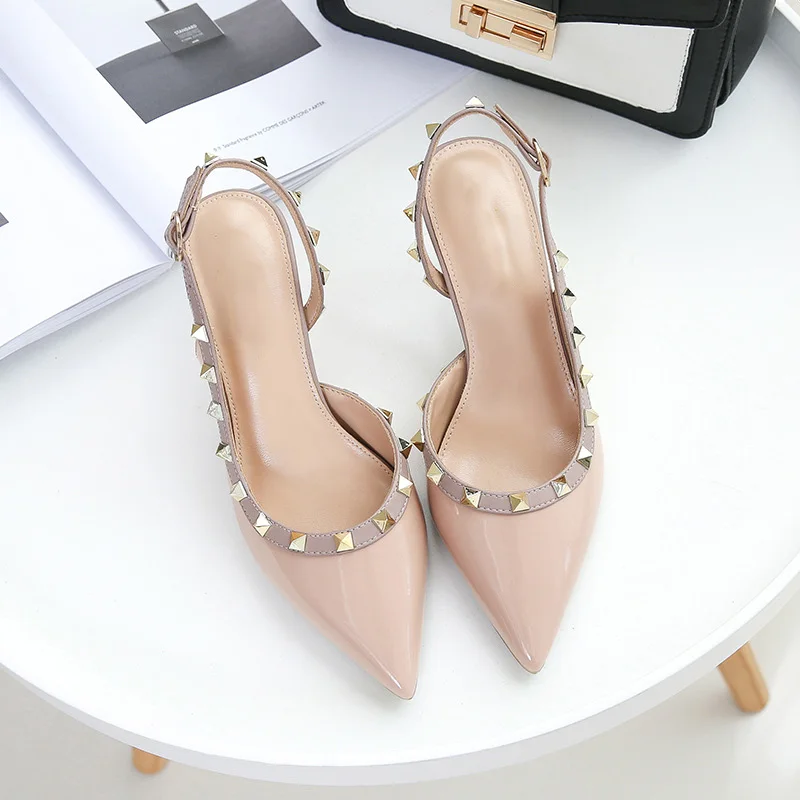 Apricot Shoes 6cm Женская обувь для вечеринок весенние туфли-лодочки на высоком каблуке с заклепками женские модельные туфли с острым носком без застежки на тонком каблуке обувь с ремешком сзади размера плюс DE - Цвет: Apricot Shoes 6cm