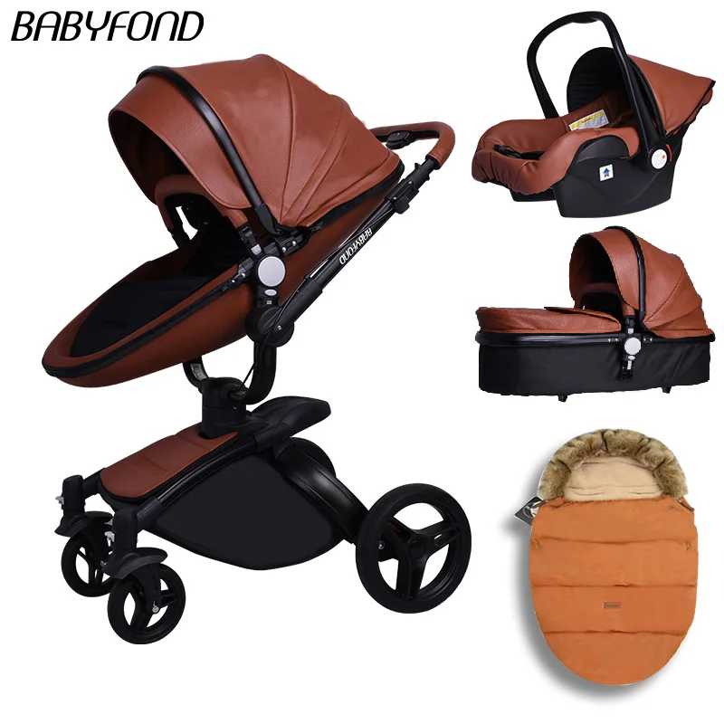 Babyfond/Высококачественная кожаная детская коляска с высоким пейзажем для автомобиля, детская коляска 3 в 1, детская коляска 2 в 1, рама из алюминиевого сплава - Цвет: Brown 3in1