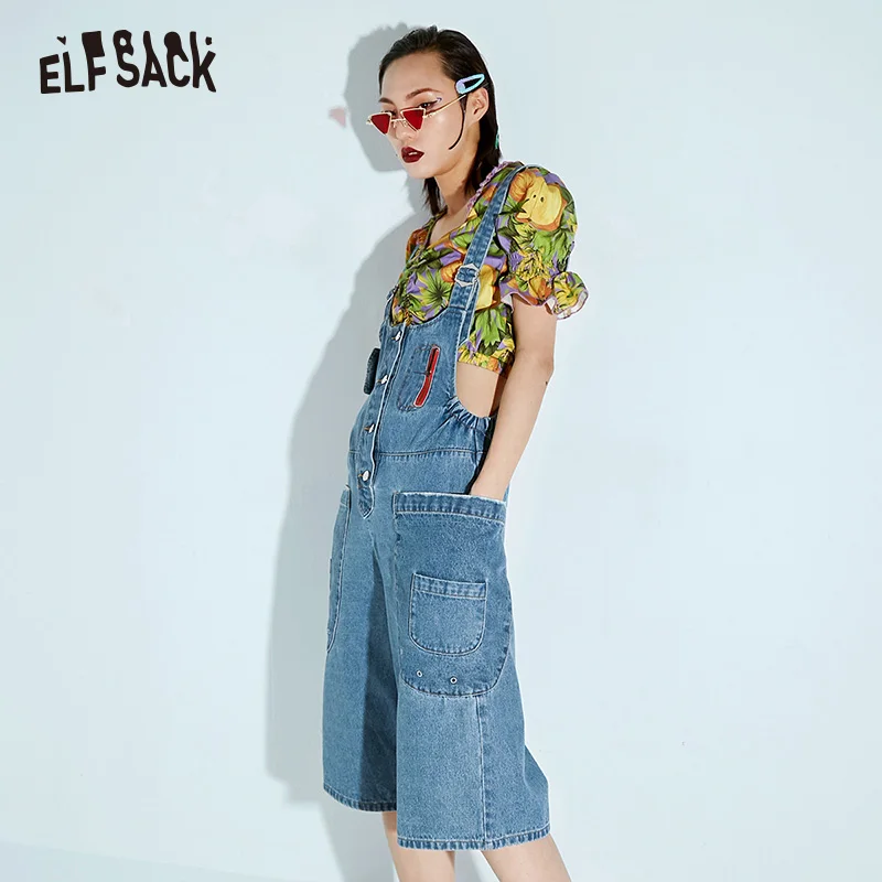 Женский джинсовый комбинезон ELFSACK синий повседневный с широкими штанинами и