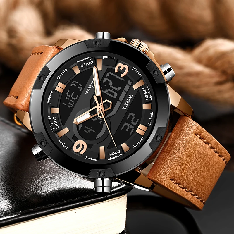 Часы наручные LIGE мужские с кожаным ремешком модные спортивные водонепроницаемые