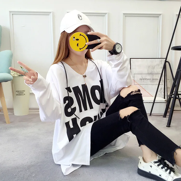 4805 Осень Корейская мода рукав летучая мышь футболка Женская длинная рубашка с капюшоном v-образным вырезом уличная свободная Harajuku футболка женская мода