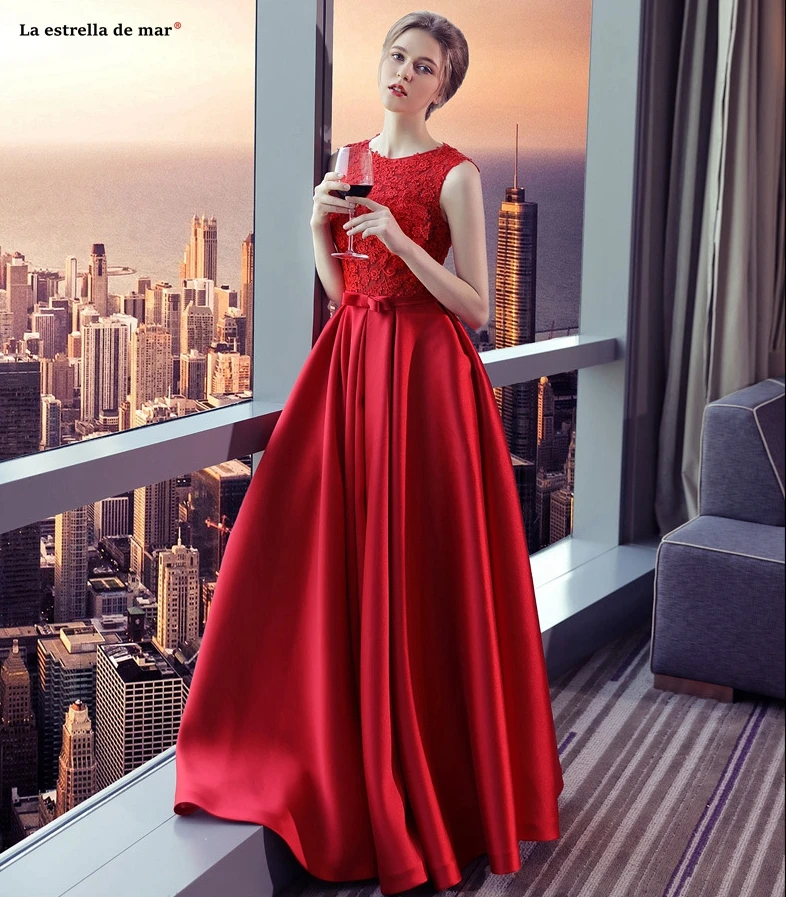 Vestidos de boda invitados Новое Кружевное сатиновое ТРАПЕЦИЕВИДНОЕ красное платье подружки невесты длинное abiti da damigella d'onore недорогое свадебное платье для гостей