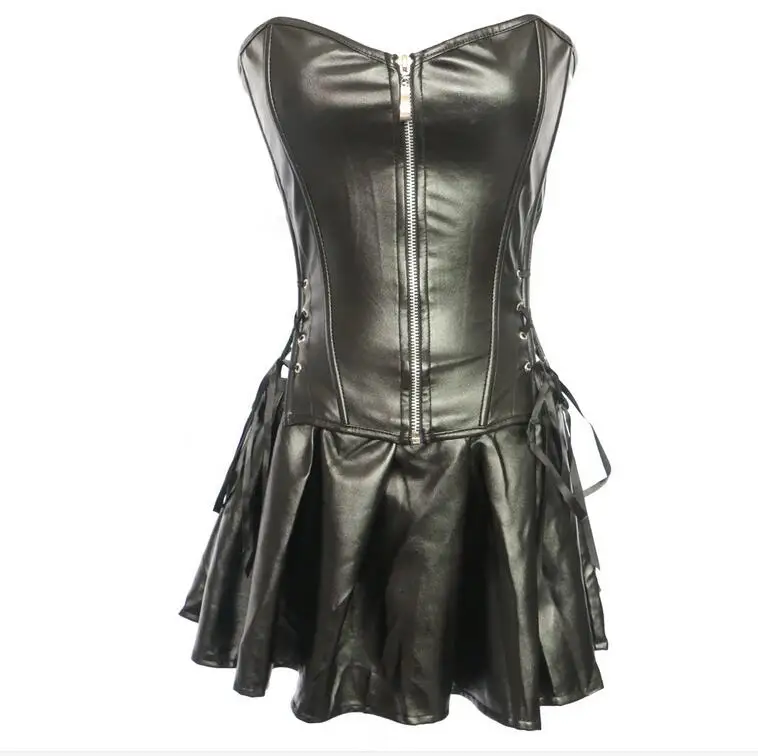 

Plus Size S-6XL Black Zipper Leather Corset Bustier Overbust Sexy Lingerie Hot Women Lace Up Corset Tops Skirt