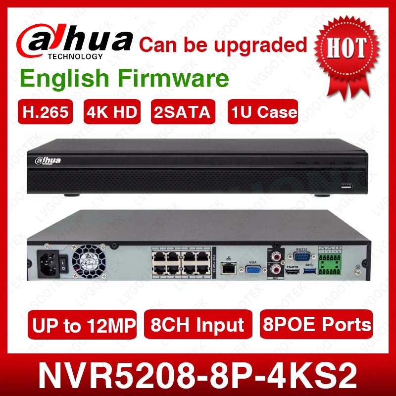 Экспресс Доставка Dahua оригинальный NVR5208 8P 4kS2 8CH NVR 12MP 1U 8PoE 4 K и H.265 Lite Сетевой Видео