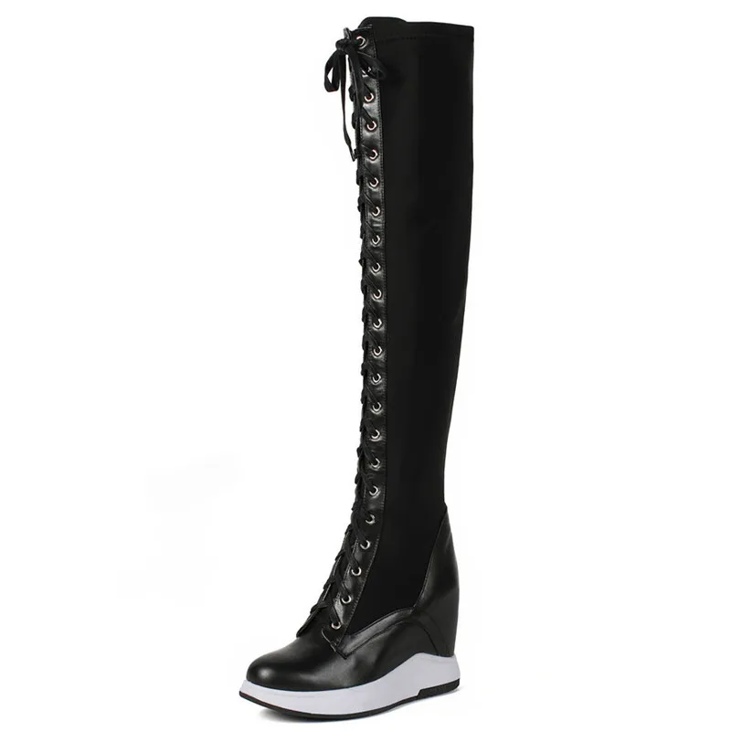 Thigh High Boots Women Genuine Leather Lace Up Knee High Booties Wedges High Heel Tall Shaft Punk Sneakers Winter Punk Creepers