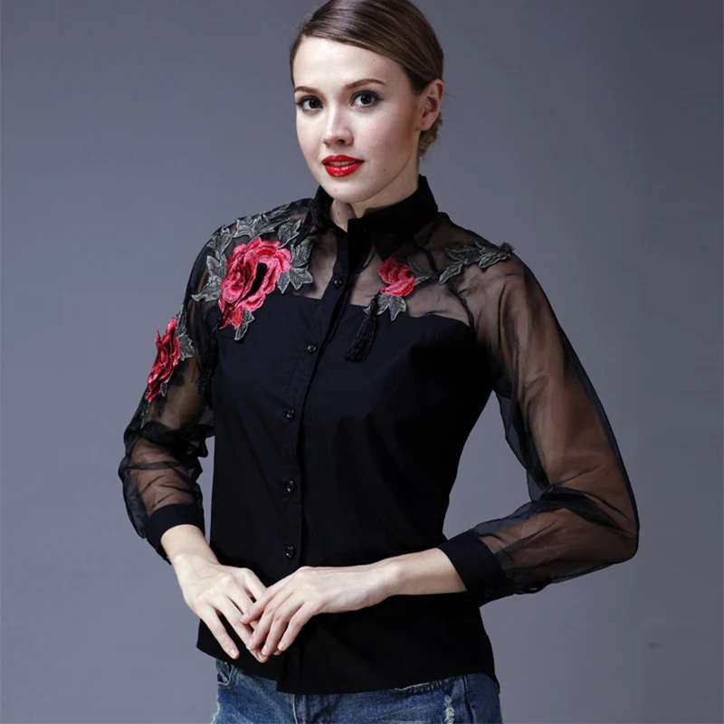 2017 Весна 3D вышивка цветок женская рубашка сексуальная Перспектива органза сетка