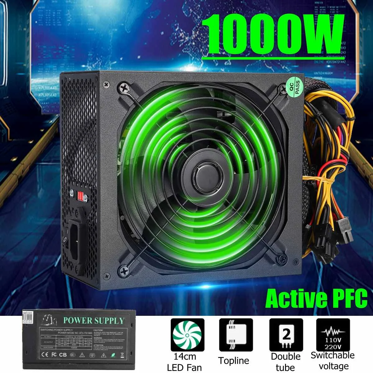1000 Вт источник питания 14 см светодиодный вентилятор 24 Pin активный PFC PCI SATA ATX 12V компьютерный источник питания 110~ 220V для рабочего стола