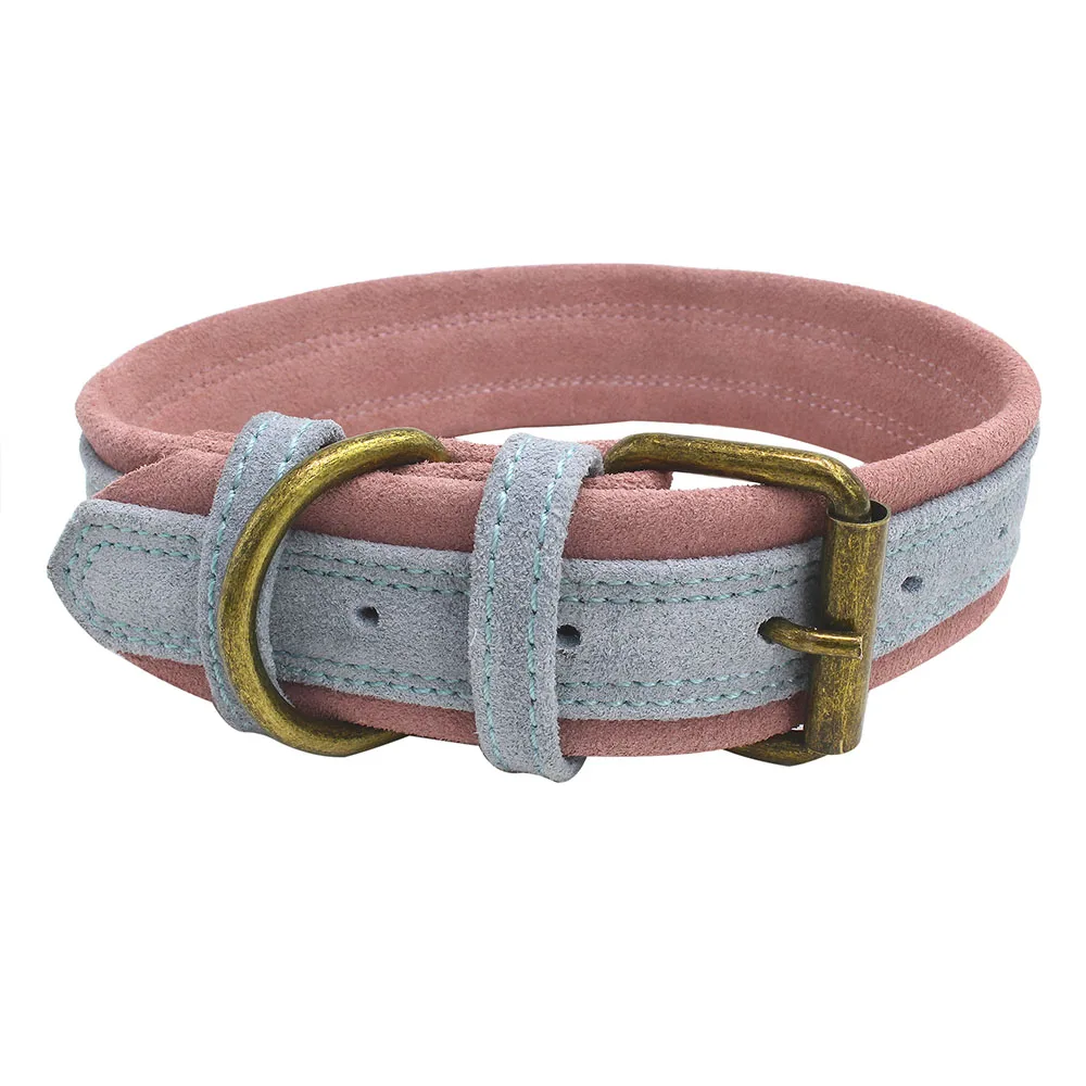 Light blue Воловья кожа ошейник для собак двойной слой контрастного цвета матовый для средних и больших собак питбуль бульдог Beagle Correa Perro - Цвет: Light blue