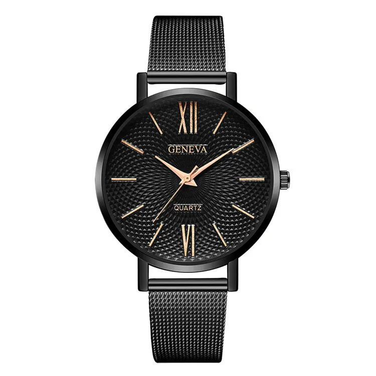 black rose dial Простые Модные черные кварцевые часы для мужчин и женщин с сеткой из нержавеющей стали ремешок для часов высокого качества повседневные наручные часы подарок для женщин Reloj - Цвет: black rose dial