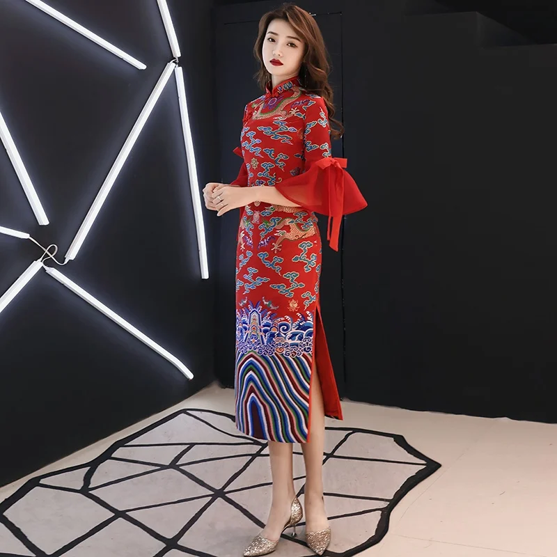 Традиционное китайское свадебное платье весна 2019 элегантное Ципао с принтом