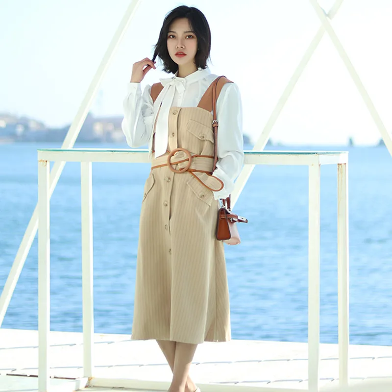 Original temperament women's dress 2018 spring new loose lace single-breasted long section striped strap women | Женская одежда