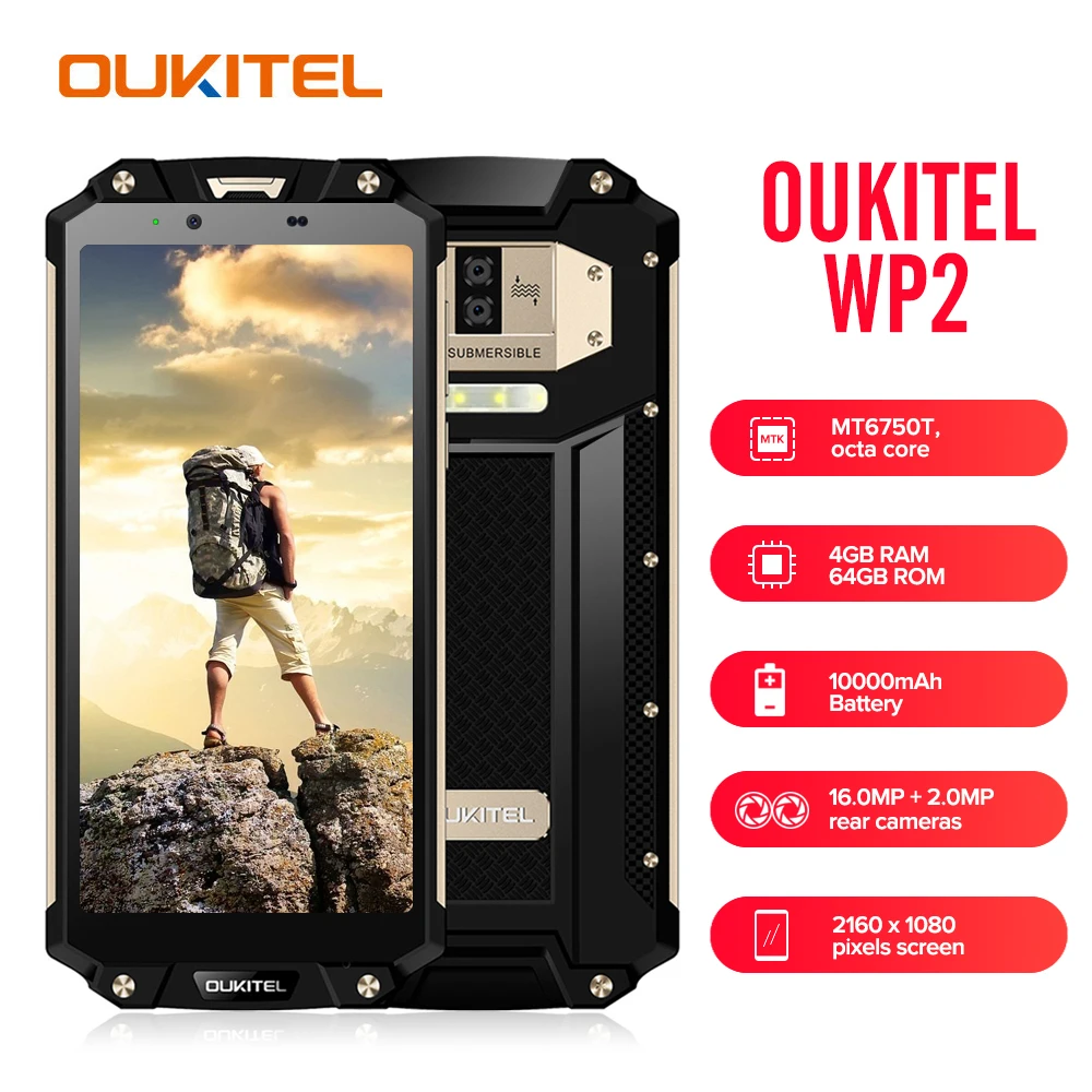 OUKITEL WP2 IP68 водонепроницаемый мобильный телефон 4 Гб 64 Гб MT6750T Восьмиядерный 6," 18:9 смартфон с защитой от пыли и ударов 10000 мАч