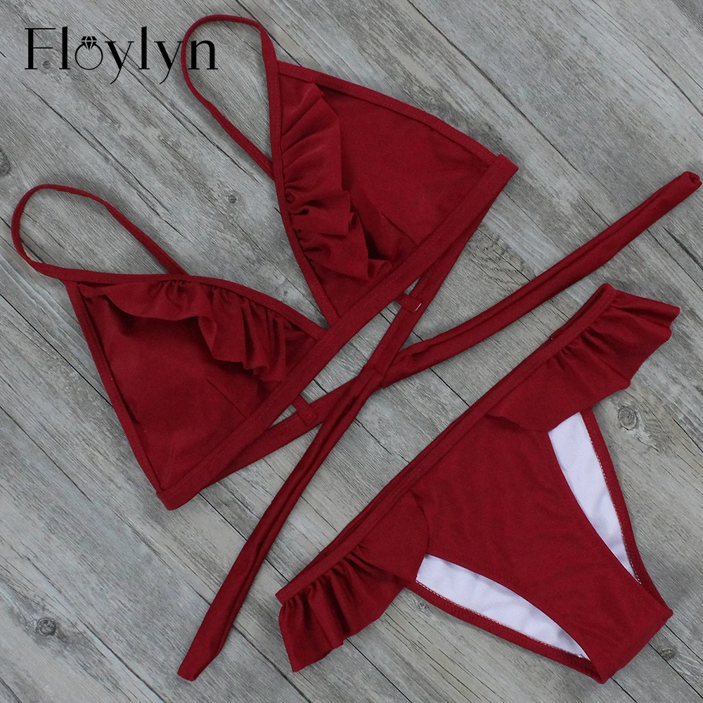 Floylyn 2017 сексуальный комплект бикини с подкладкой на бретельках оборками высокой