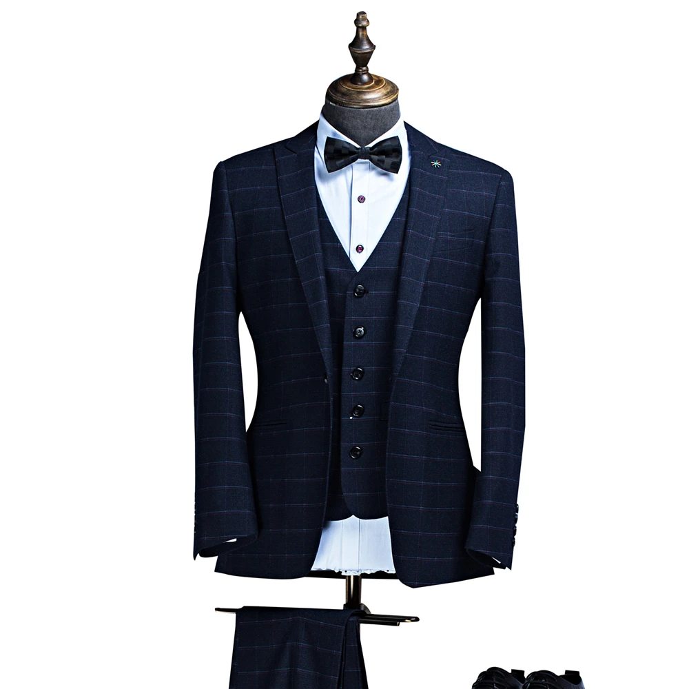 OSCN7 синий плед индивидуальный заказ костюмы Для мужчин Slim Fit Свадебная вечеринка Для мужчин s обувь, изготавливаемая на заказ, костюм модные 3 предмета костюм ZM-494 496 497 503 512