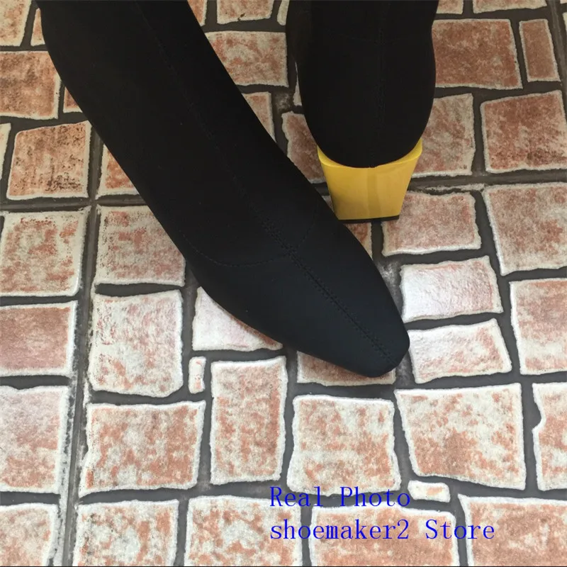 2019 г. Черный тянущийся носок сапоги женская обувь с квадратным носком желтый
