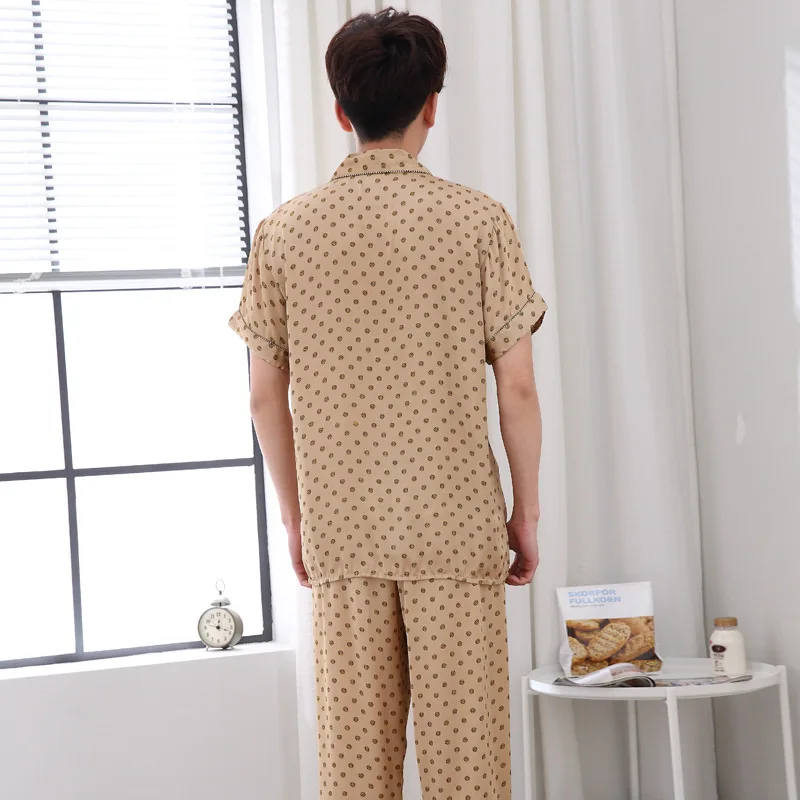 Summer New Male Print Pajamas Suit Casual Men Short Sleeve Satin PJ Home Wear Loose Nightwear Sleep Set Rayon Sleepwear
