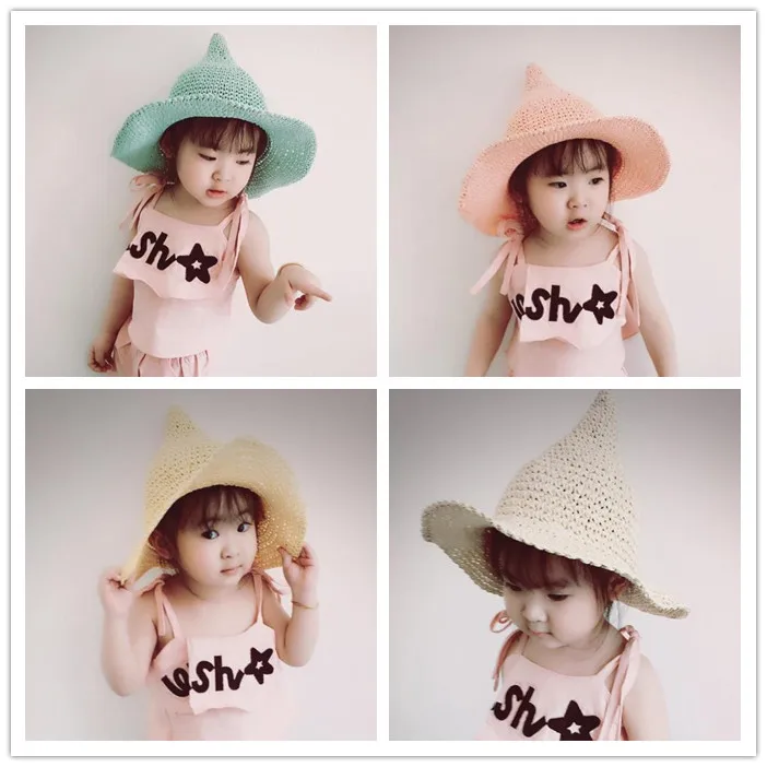 XINGMING Children Solid Straw cap knitting fisherman hat girls fashion witch pointed basin bucket accessories | Аксессуары для
