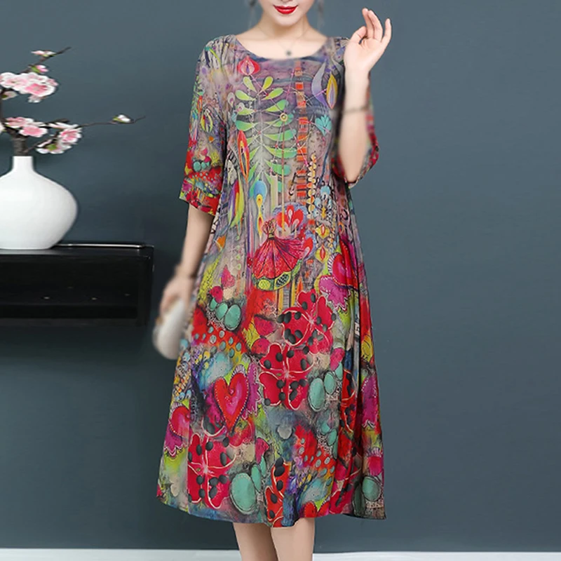Свободное платье большого размера с принтом повседневные летние шелковые