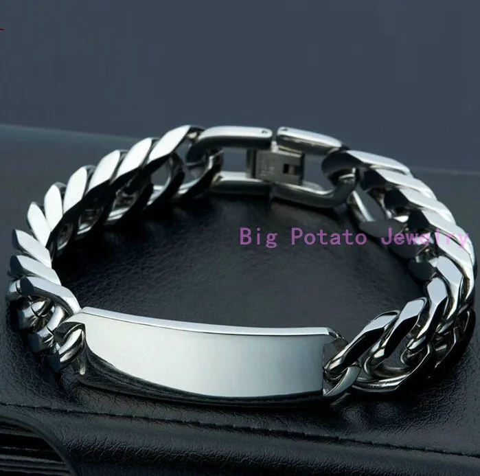 Silver Color Cuban Link Chain With ID 316L Stainless Steel Bracelet Bangle For Strong Mens Jewelry 22cm*15MM High Quality | Украшения и