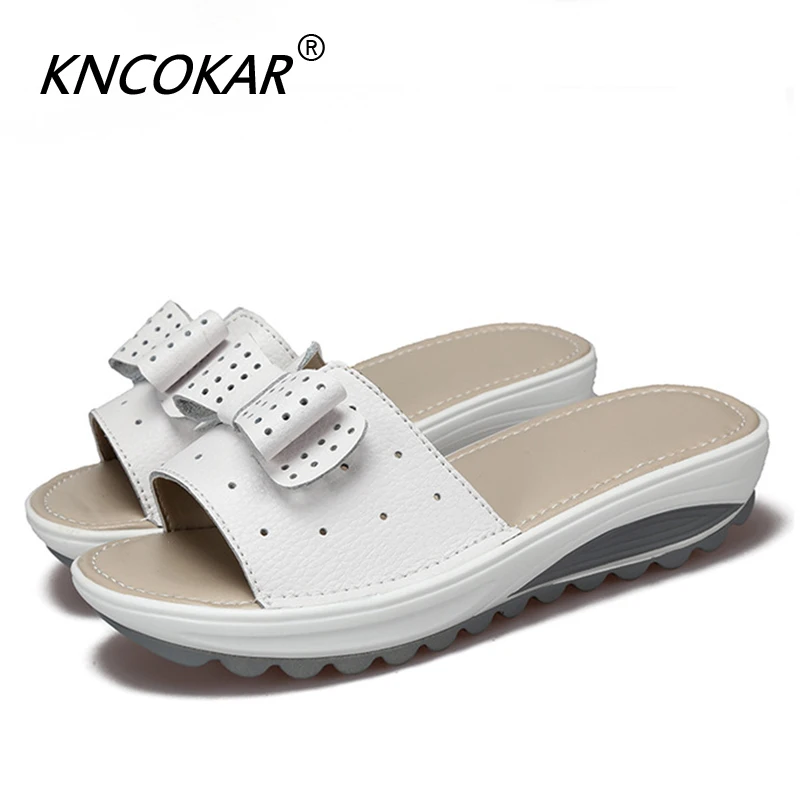 

KNCOKAR Summer Home Slippers Flat Sandals Women's Shoes Leather Casual Slippers Tailoring Bow Female Platform Sandalias x202016