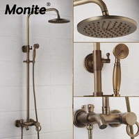 monite new 8 inch rainfall shower head antique brass wall mounted bathroom 3 functions hand shower sprayer mixer tap faucet set