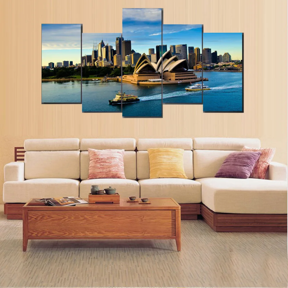 5 Панели Печать холст Сиднейский оперный театр лошадей живопись для Гостиная