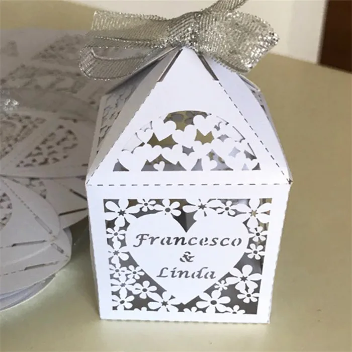 white pearl Gold metallic paper laser cut personalized wedding sweets box - Цвет: white pearl