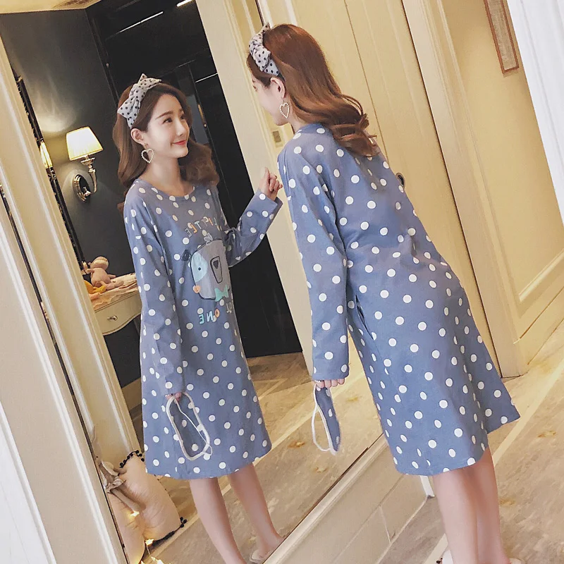 2018 Autumn 100% Cotton Polka Dot Dress Nightgown for Women Long Sleeve Nightdress Cute Girls cartoon Night Home Sleepwear | Женская