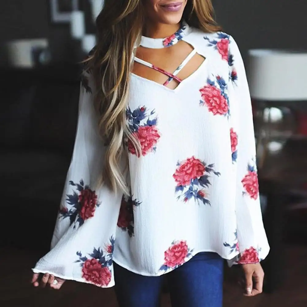 Women Choker Crisscross V Neck Flower Blouse Long Sleeve Casual Top Autumn Shirt new |