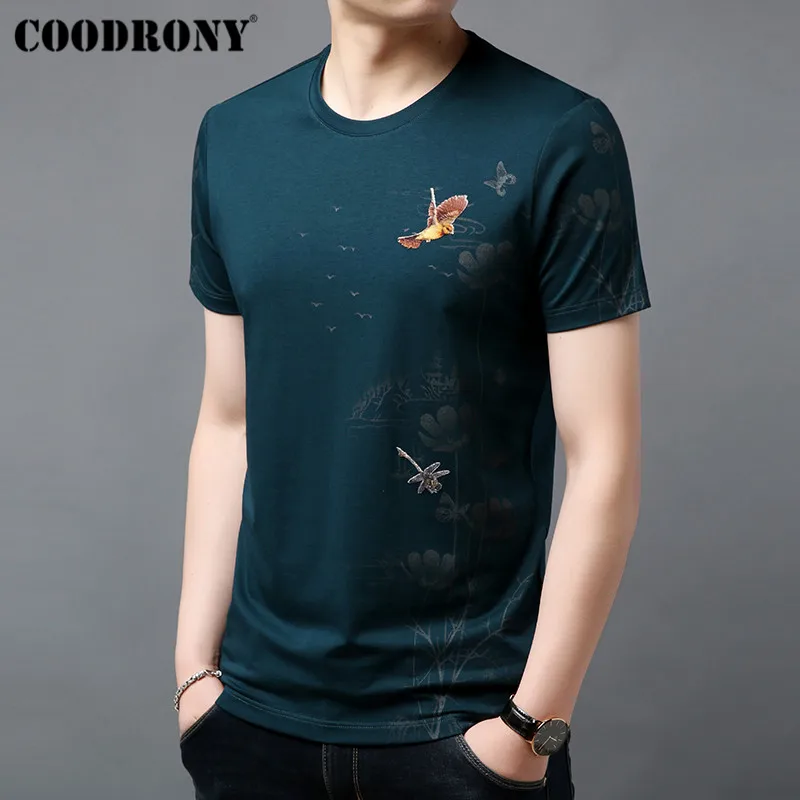 COODRONY, Мужская футболка, лето, китайский стиль, цветок и птица, футболка с картиной, Мужская футболка с коротким рукавом и круглым вырезом, Мужская футболка S95038