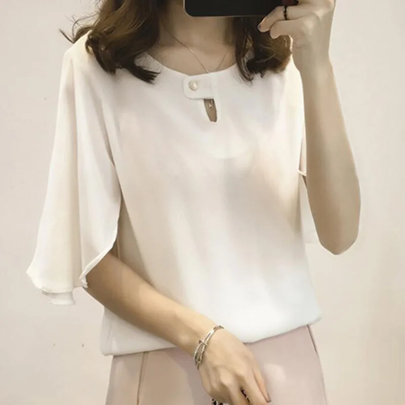 Новинка 2017 летняя женская шифоновая блузка однотонные повседневные свободные