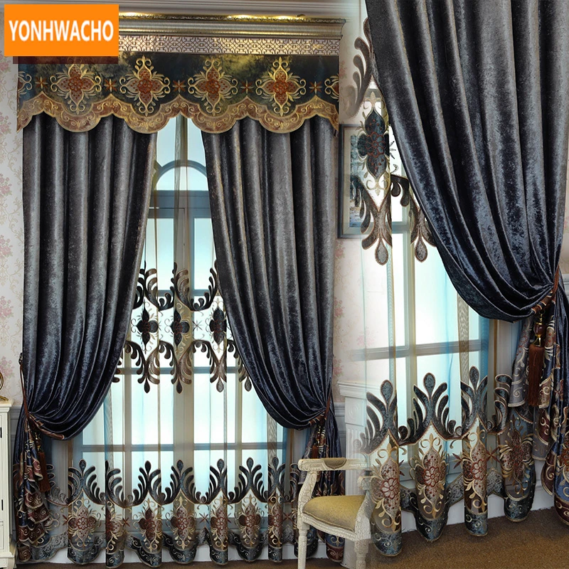 

Custom curtains High-grade noble European velvet embroidery modern minimalist cloth blackout curtain tulle valance drapes N899