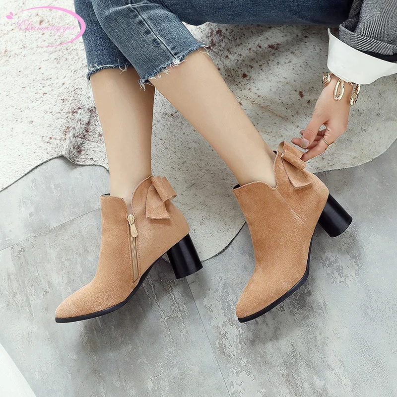 

Casual style comfortable round head nubuck ankle boots fashion zip bow thick high heels riding boots women's shoes big size