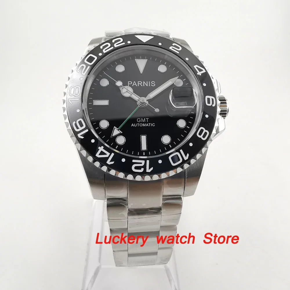 

40mm Parnis Black Ceramic Bezel black dial green GMT hands luminous marks sapphire glass automatic Mens Watch-PA63