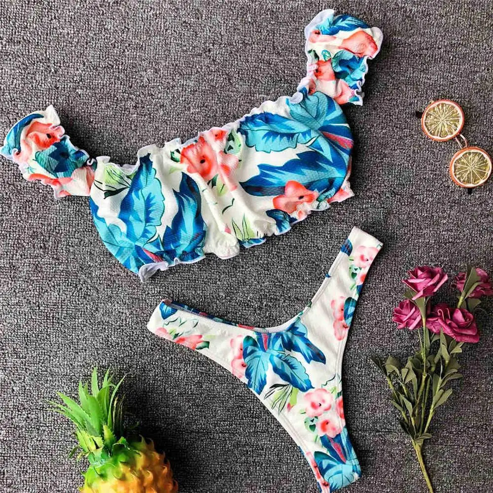 Floral Новинка, сексуальный цветочный бикини с высокой посадкой,, купальник для женщин, купальник для женщин, комплект бикини из двух частей, с открытыми плечами, купальный костюм V1174 - Цвет: Floral