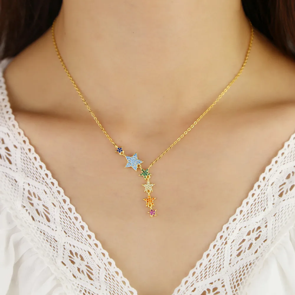 gold filled Women Fashion jewelry Micro pave colorful cz lucky rainbow star link chain sexy multi layer choker charm necklaces | Украшения