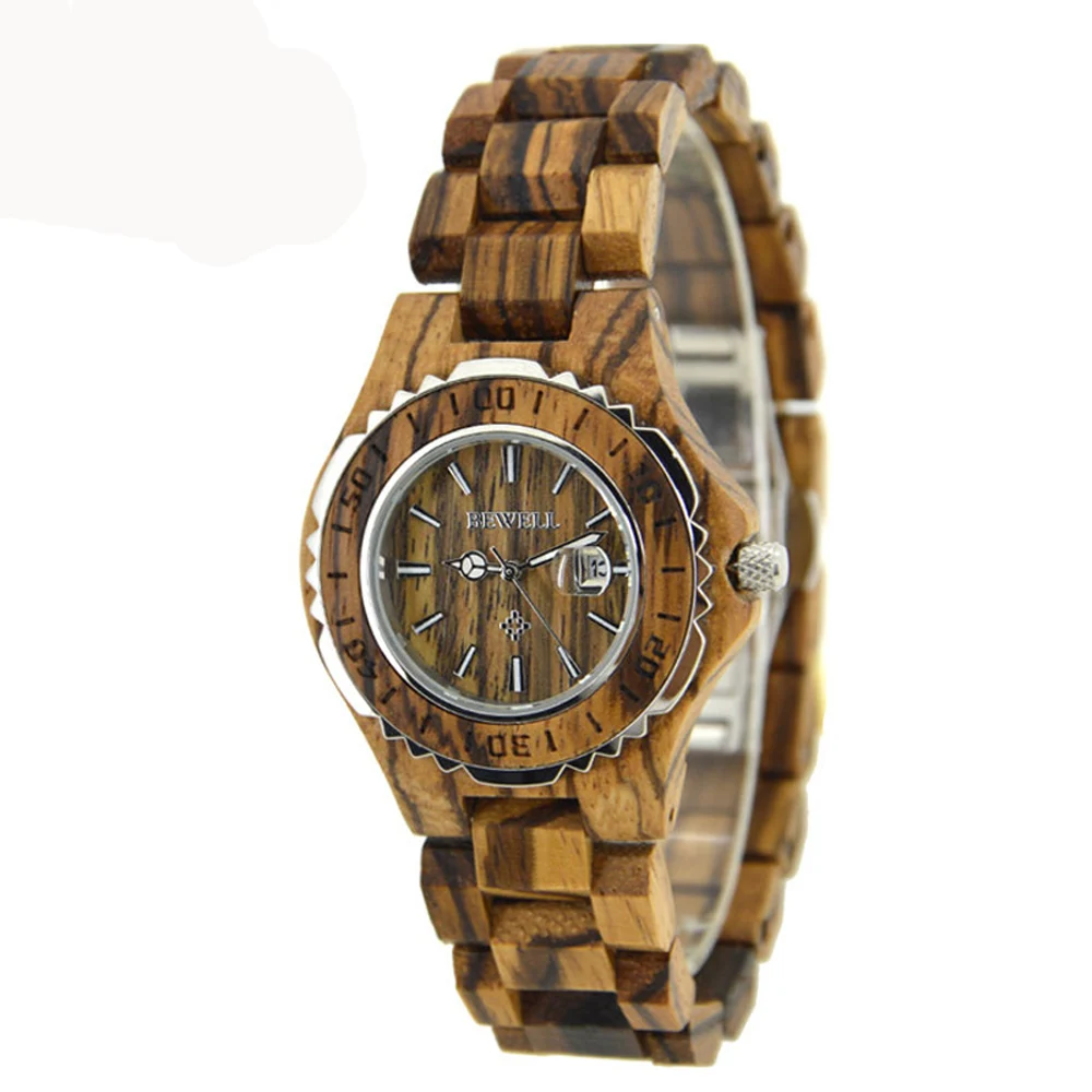 BEWELL дамы кварцевые деревянные часы из нержавеющей стали обратно водостойкий