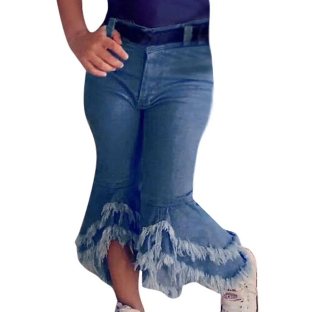 Новые летние джинсовые расклешенные брюки для маленьких девочек одежда с