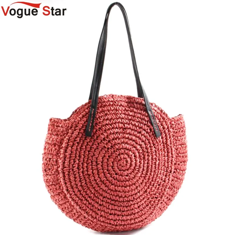 

Round Straw Beach Bag Vintage Handmade Woven Shoulder Bag Raffia circle Rattan bags Bohemian Summer Vacation Casual Bags L27